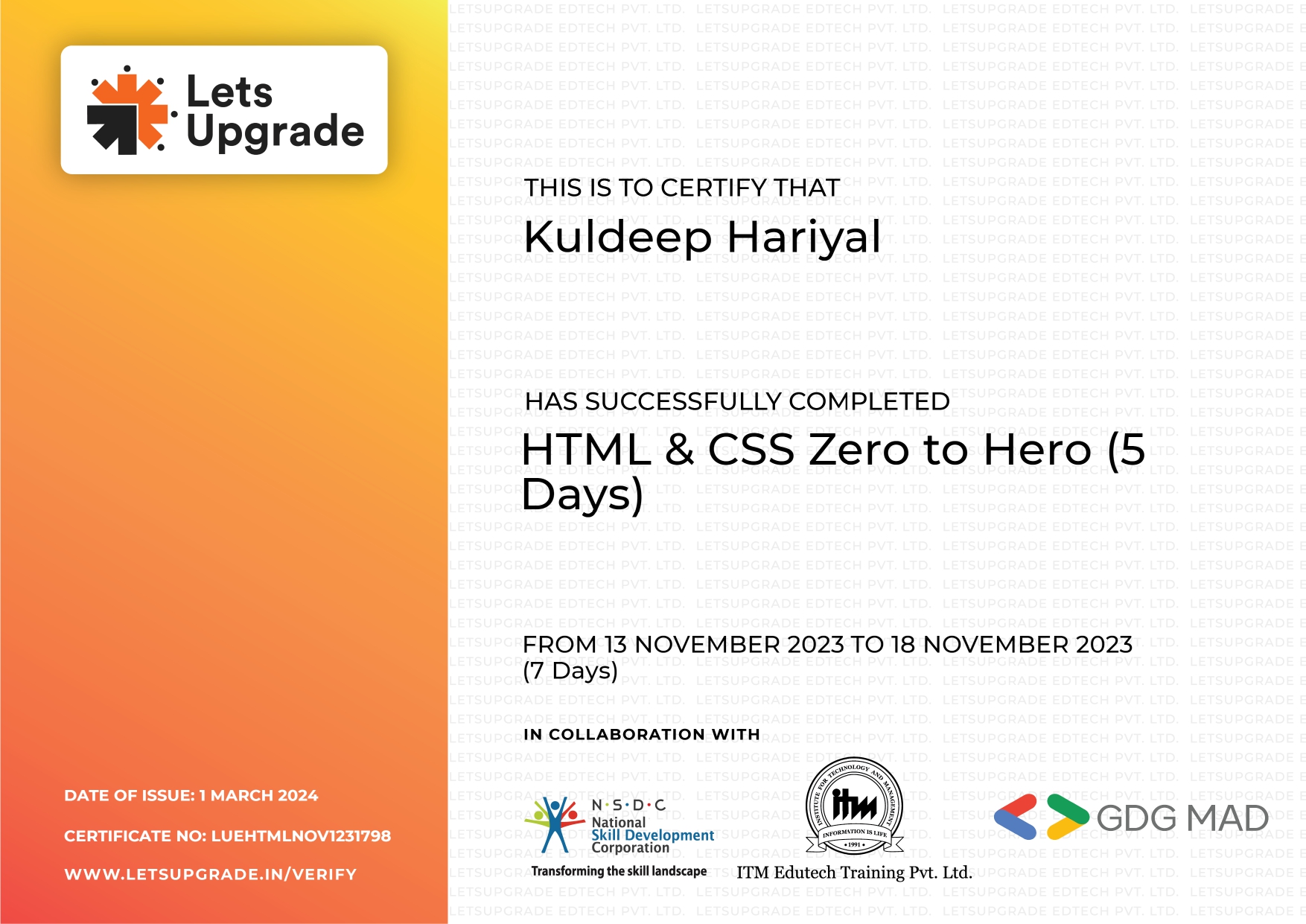 HTML and CSS certificate